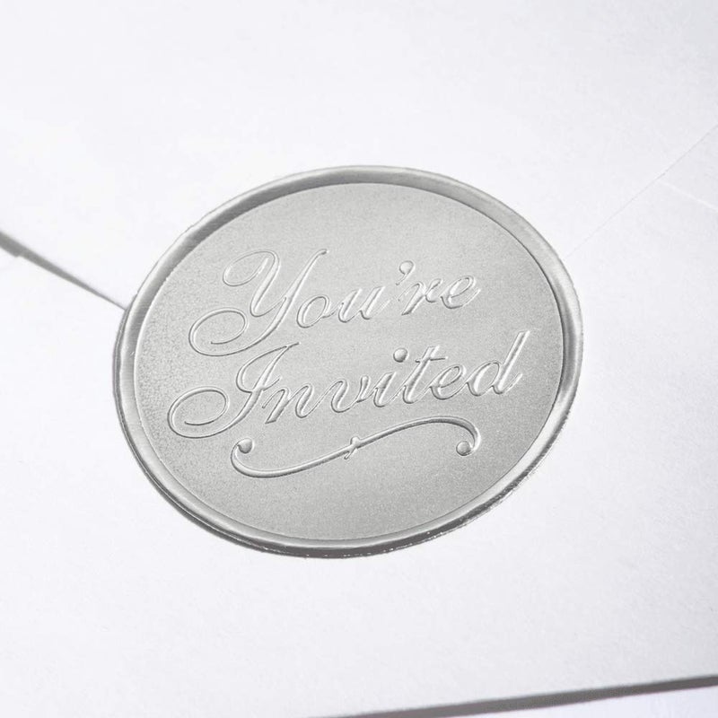 PaperDirect Silver You're Invited Round Embossed Foil Seals, 48 Count - Image 3